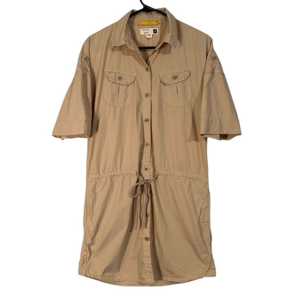 Gap 2007 Safari Utility Shirt Dress Khaki Tan 100% Cotton Drawstring Waist Size